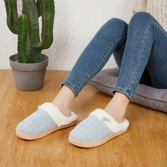 Women's Light Blue Scuff Faux Fur Lining Memory Warm Foam Plush Slippers Shoes - Picture 8 of 9